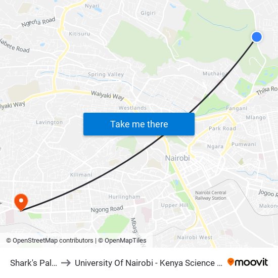 Shark's Palace to University Of Nairobi - Kenya Science Campus map