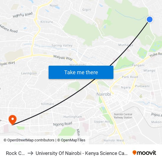 Rock City to University Of Nairobi - Kenya Science Campus map