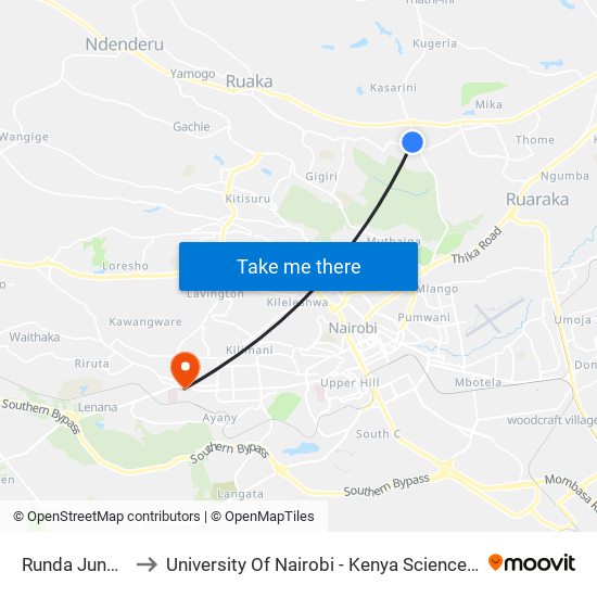 Runda Junction to University Of Nairobi - Kenya Science Campus map