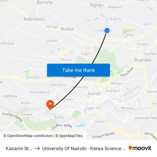 Kasarini Stage to University Of Nairobi - Kenya Science Campus map