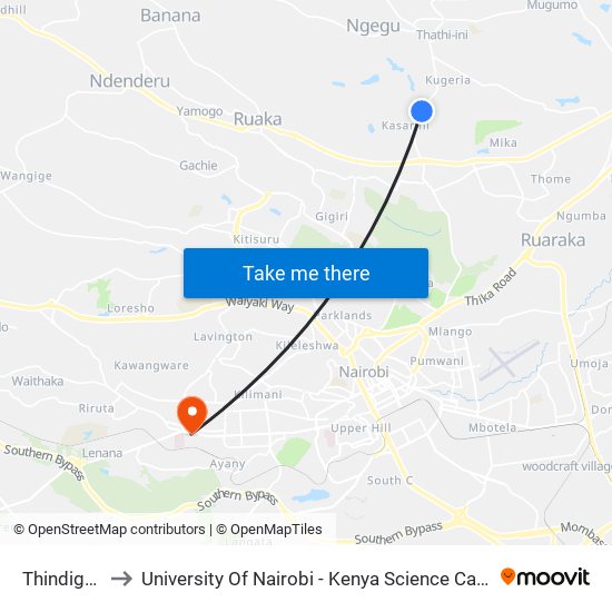 Thindigwa to University Of Nairobi - Kenya Science Campus map