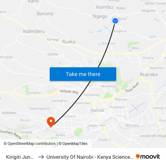 Kirigiti Junction to University Of Nairobi - Kenya Science Campus map