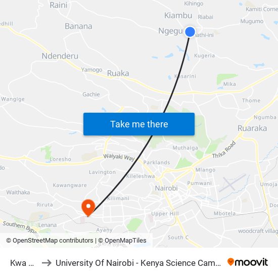 Kwa Do to University Of Nairobi - Kenya Science Campus map