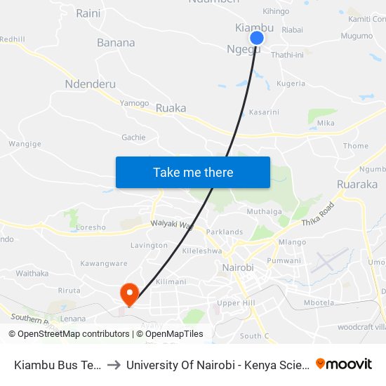 Kiambu Bus Terminus to University Of Nairobi - Kenya Science Campus map