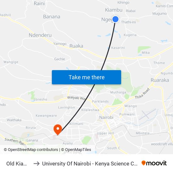 Old Kiambu to University Of Nairobi - Kenya Science Campus map