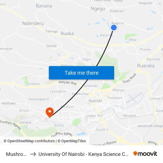 Mushroom to University Of Nairobi - Kenya Science Campus map