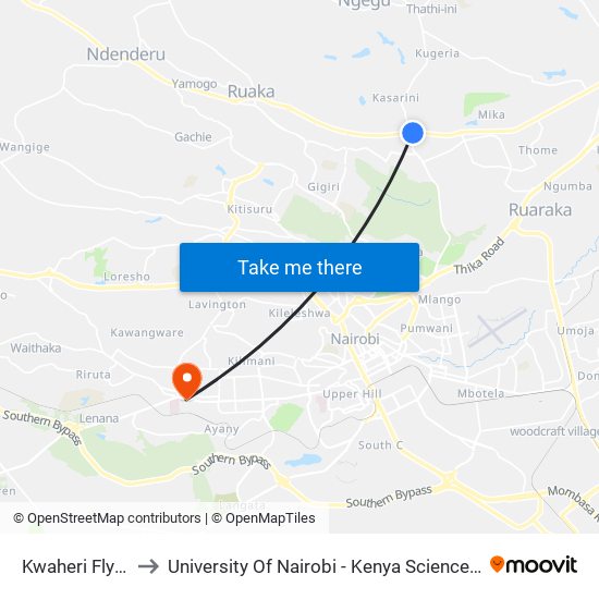 Kwaheri Flyover to University Of Nairobi - Kenya Science Campus map