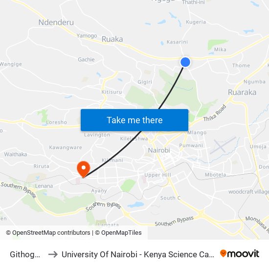 Githogoro to University Of Nairobi - Kenya Science Campus map