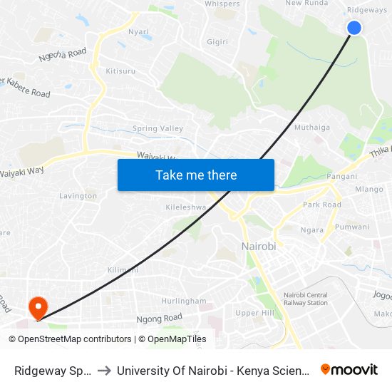 Ridgeway Springs to University Of Nairobi - Kenya Science Campus map