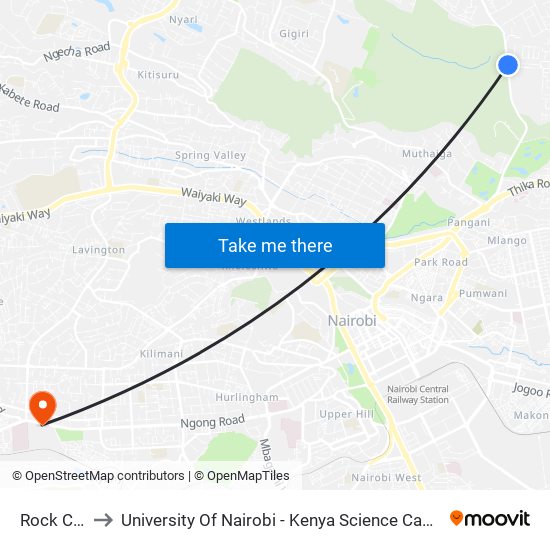 Rock City to University Of Nairobi - Kenya Science Campus map