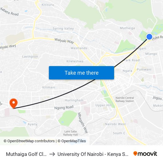 Muthaiga Golf Club Stage to University Of Nairobi - Kenya Science Campus map
