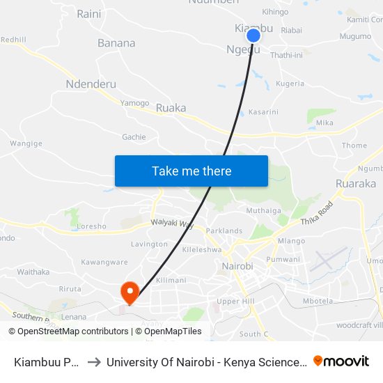 Kiambuu Posta to University Of Nairobi - Kenya Science Campus map