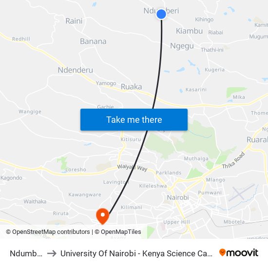 Ndumberi to University Of Nairobi - Kenya Science Campus map