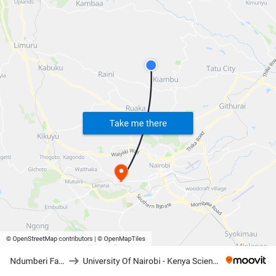 Ndumberi Factory to University Of Nairobi - Kenya Science Campus map