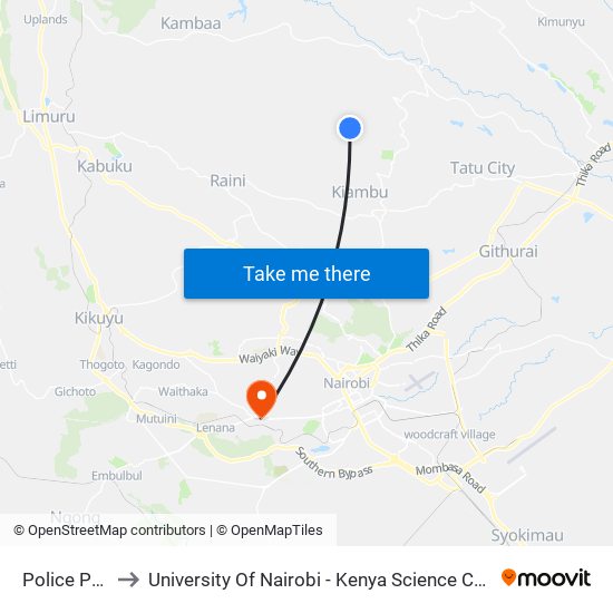 Police Post to University Of Nairobi - Kenya Science Campus map