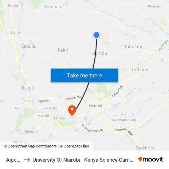 Aipcea to University Of Nairobi - Kenya Science Campus map