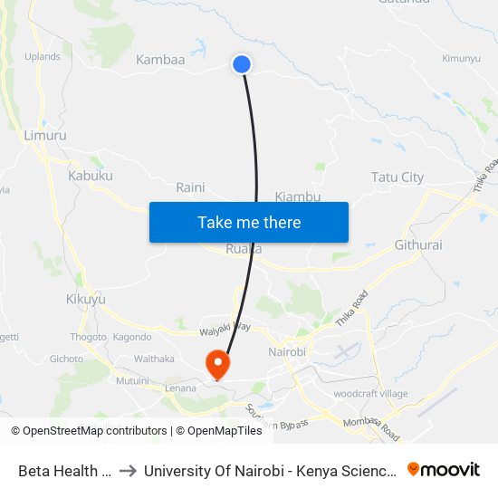 Beta Health Care to University Of Nairobi - Kenya Science Campus map