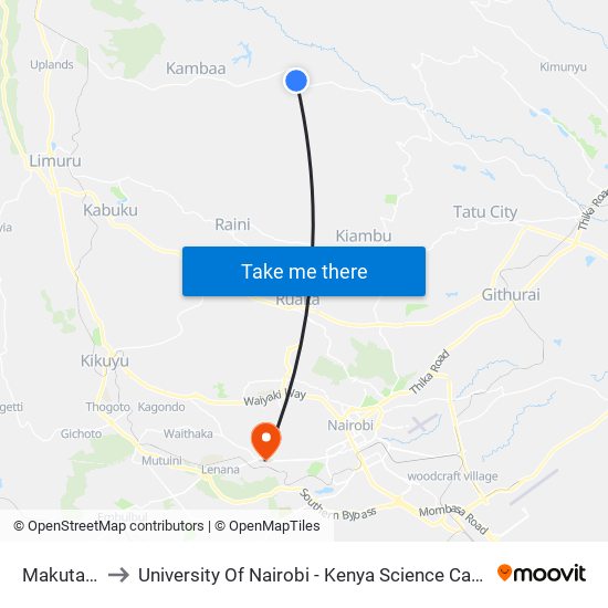 Makutano to University Of Nairobi - Kenya Science Campus map