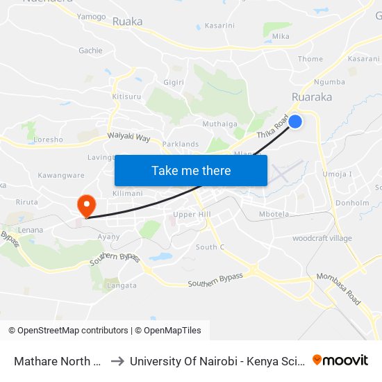 Mathare North Terminal to University Of Nairobi - Kenya Science Campus map