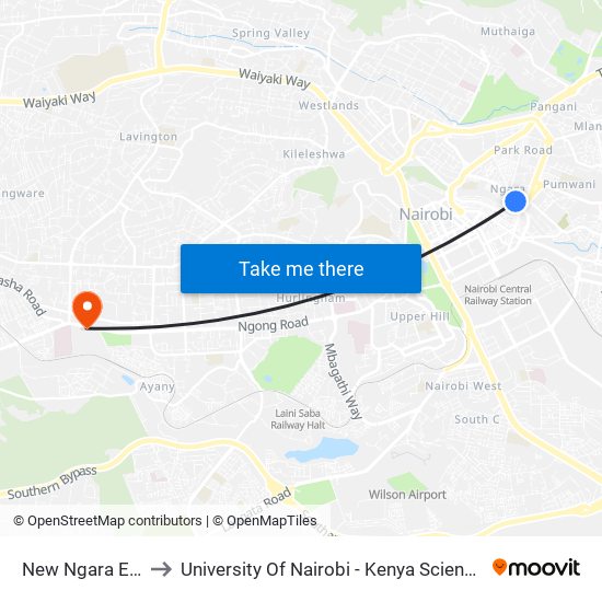 New Ngara Estate to University Of Nairobi - Kenya Science Campus map