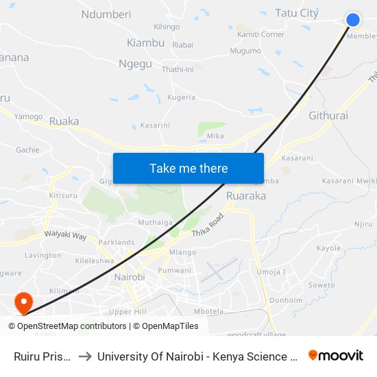 Ruiru Prisons to University Of Nairobi - Kenya Science Campus map