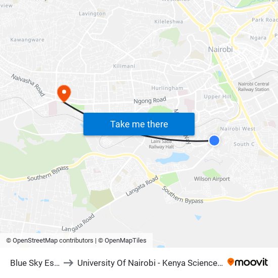 Blue Sky Estate to University Of Nairobi - Kenya Science Campus map