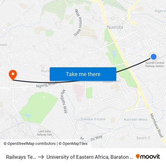 Railways Terminus to University of Eastern Africa, Baraton - Nairobi Campus map