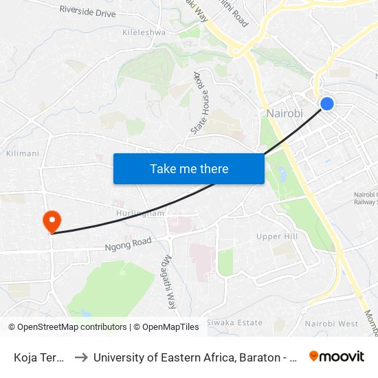 Koja Terminus to University of Eastern Africa, Baraton - Nairobi Campus map
