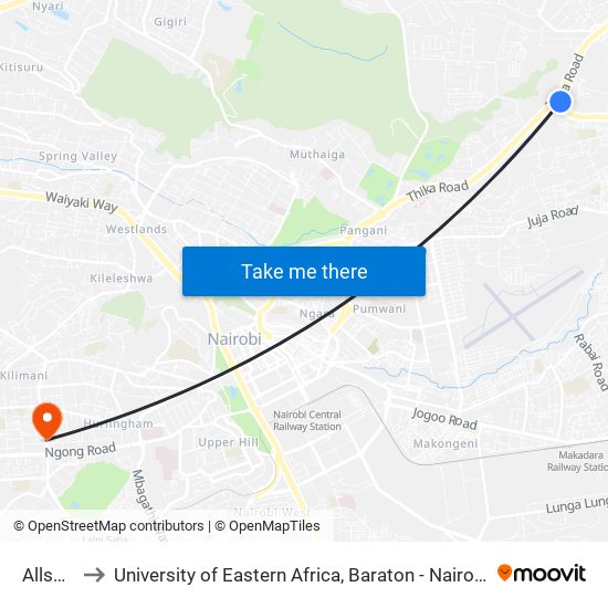 Allsops to University of Eastern Africa, Baraton - Nairobi Campus map