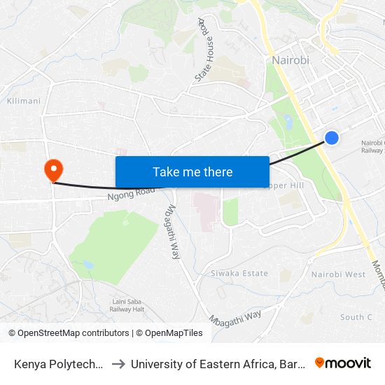 Kenya Polytechnic Bus Stop to University of Eastern Africa, Baraton - Nairobi Campus map