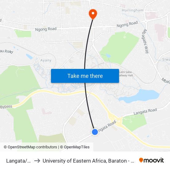 Langata/Mobil to University of Eastern Africa, Baraton - Nairobi Campus map