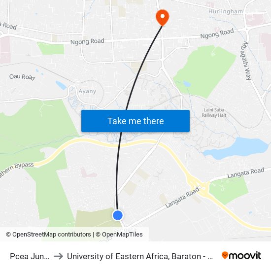 Pcea Junction to University of Eastern Africa, Baraton - Nairobi Campus map