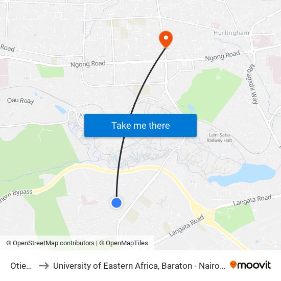 Otiende to University of Eastern Africa, Baraton - Nairobi Campus map