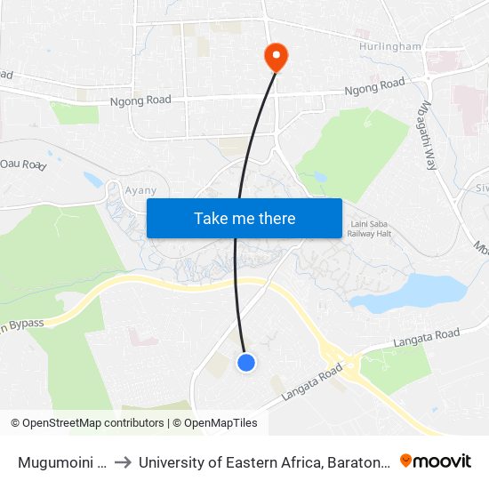 Mugumoini Market to University of Eastern Africa, Baraton - Nairobi Campus map