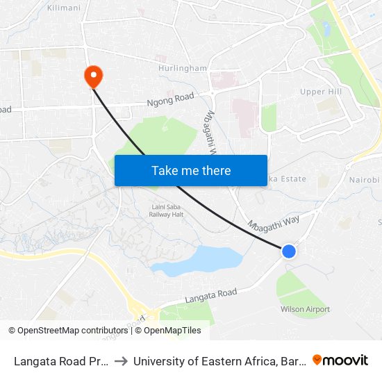 Langata Road Primary School to University of Eastern Africa, Baraton - Nairobi Campus map