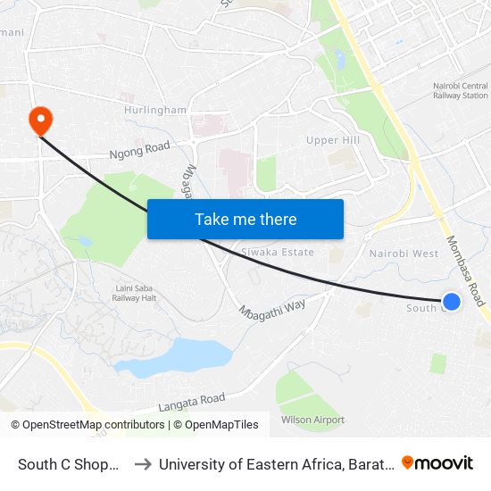 South C Shopping Centre to University of Eastern Africa, Baraton - Nairobi Campus map