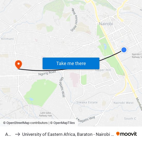 Agip to University of Eastern Africa, Baraton - Nairobi Campus map
