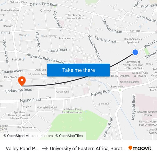 Valley Road Pentecostal to University of Eastern Africa, Baraton - Nairobi Campus map