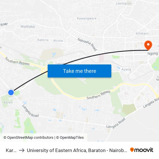 Karen to University of Eastern Africa, Baraton - Nairobi Campus map