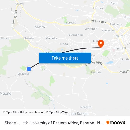 Shade Hotel to University of Eastern Africa, Baraton - Nairobi Campus map