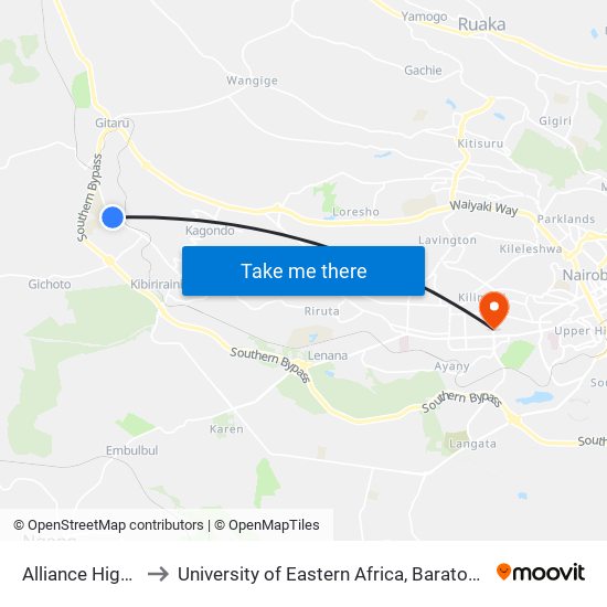 Alliance High School to University of Eastern Africa, Baraton - Nairobi Campus map