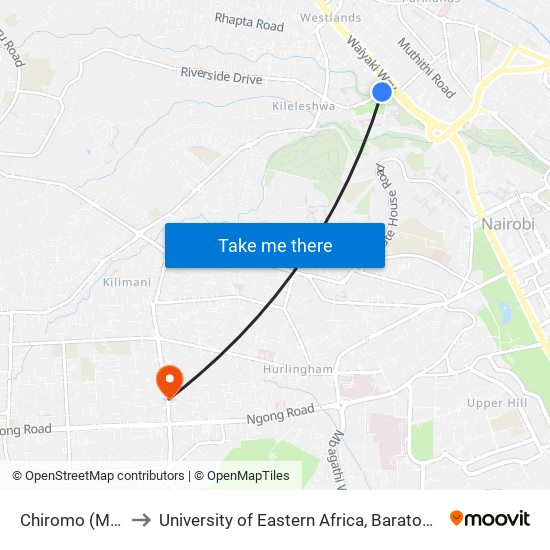 Chiromo (Mortuary) to University of Eastern Africa, Baraton - Nairobi Campus map