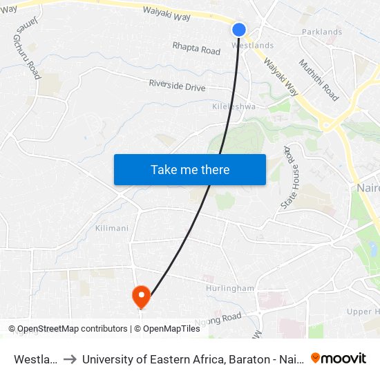 Westlands to University of Eastern Africa, Baraton - Nairobi Campus map