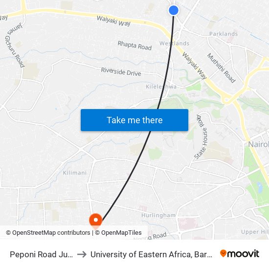 Peponi Road Junction/Sarit to University of Eastern Africa, Baraton - Nairobi Campus map