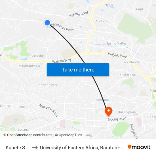 Kabete Springs to University of Eastern Africa, Baraton - Nairobi Campus map