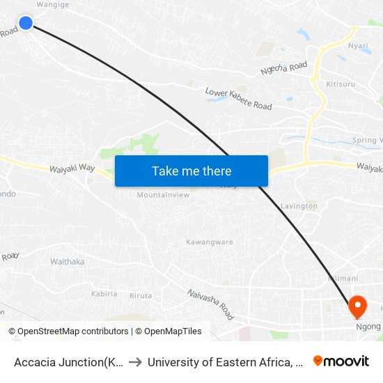 Accacia Junction(Kingeero -Mwisho) to University of Eastern Africa, Baraton - Nairobi Campus map