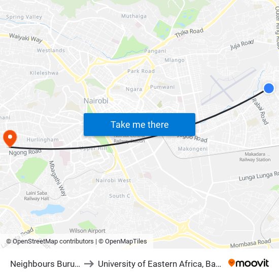 Neighbours Buruburu Phase 1 to University of Eastern Africa, Baraton - Nairobi Campus map