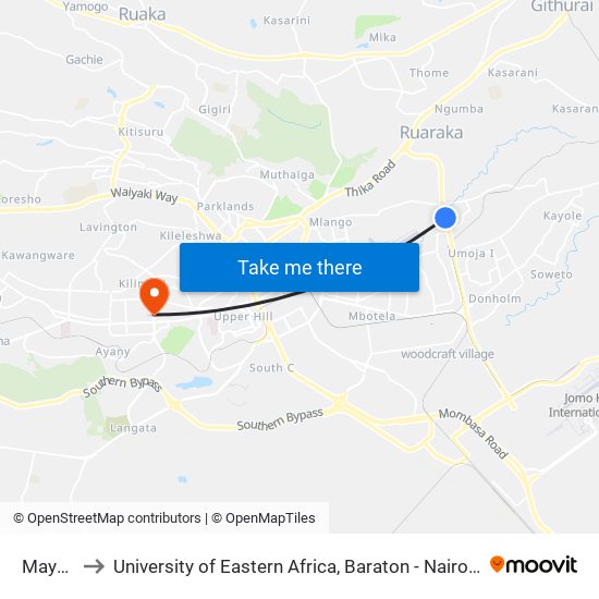 Mayaka to University of Eastern Africa, Baraton - Nairobi Campus map