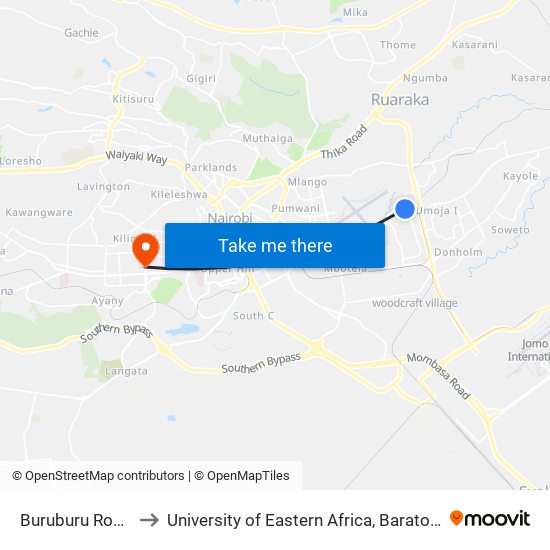 Buruburu Roundabout to University of Eastern Africa, Baraton - Nairobi Campus map