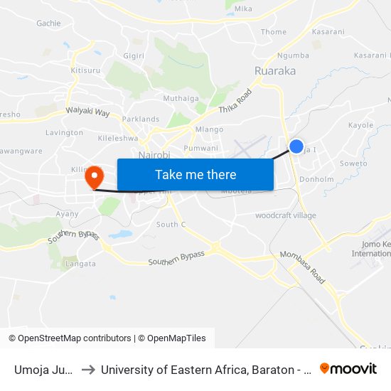 Umoja Junction to University of Eastern Africa, Baraton - Nairobi Campus map